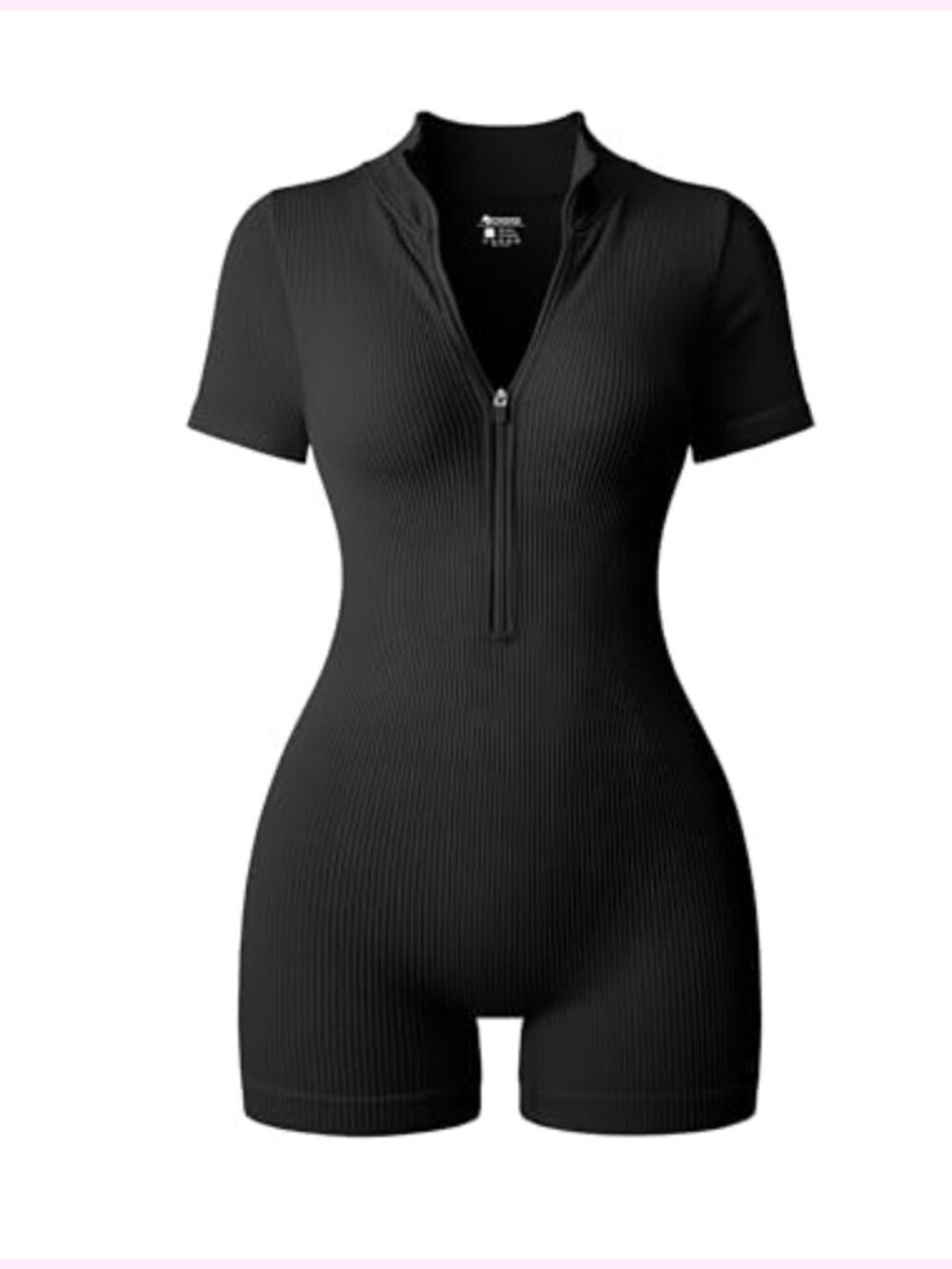 Ribbed Short Sleeve Zip Front Stretch Tummy Control Yoga Romper